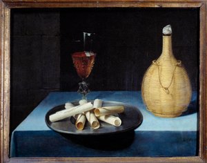 Stillebenswaferdessert av kex, vinflaska och glas. Målning av Lubin Baugin (1612-1663) 1600-talet sön. 0,41x0,52 m .