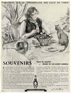 Colette framför sin katt, som lovordar Perrier-vinets förträfflighet av Luc Albert Moreau