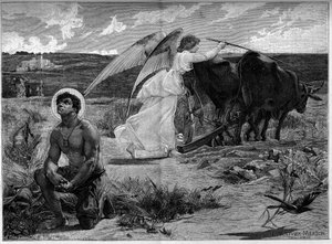 Sankt Isidore, plöjarnas beskyddare. En ängel hjälper den helige Isidore att plöja en åker med en plog. 1800-talet. Gravyr efter målningen av Luc Olivier Merson (1846-1920). I "" The Illustrous World"" nr 1294 av 21 januari