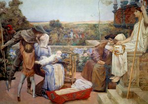 Familjen En rik familj under medeltiden, modern håller spädbarnet i famnen och kysser sin man. Dekoration från Hotel Watel-Dehaynin i Paris. Måla maroufle på gips av Luc Olivier Merson (1846-1920) 1901 sön. 2,22x2,95 m Paris, mus