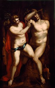 Apollo och Marsyas Satyren straffas för att ha trotsat Apollo till lyran och spärras av den. Målning av Luca Change (eller Change, Change) vid Lucchetto i Genua (1527-1585) 1500-talets privata samling