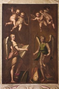 Genua, Duomo (St Lawrence-katedralen), sakristia, kapell: "Änglar med biskopliga insignier, böcker och palmgrenar", av Luca Cambiaso, ca 1580 av Luca Cambiaso