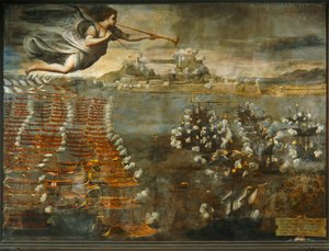 Scenen för slaget vid Lepanto ... av Luca Cambiaso