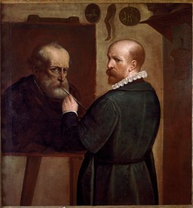 Självporträtt av konstnären som gör porträttet av sin far Målning av Luca Cambiaso (1527-1585) 1570 ca. Sol. 104x97 cm Genes, Musei di Strada Nuova