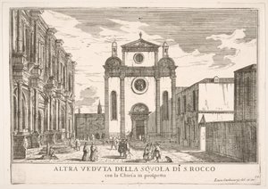 Skylt 38: Vy över fasaden på kyrkan St. Roch och till vänster fasaden på Schoo..., 1703. av Luca Carlevarijs