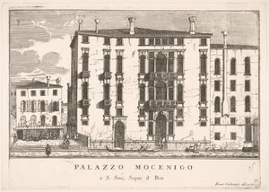 Skylt 91: Utsikt över Mocenigo-palatset i Campo San Stae, Venedig, 1703, från byggnaderna..., 1703.