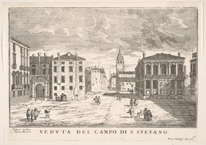 Skylt 95: Utsikt över Campo Santo Stefano med Loredanpalatset och Morosinipalatset, Venedig ..., 1703. av Luca Carlevarijs