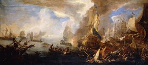 Ett sjöslag med sardiska och venetianska krigsskepp och sardiska och egyptiska(?) galärer i förgrunden,