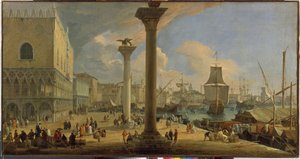 Molo och hertigpalatset (Venedig, Italien) - Målning av Luca Carlevaris (1663-1730), olja på duk, ca 1710, 64x121 cm - Molo med hertigpalatset, Olja på duk av Luca Carlevaris - Eremitaget, St. -Petersburg
