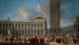 Piazzetta och Piazza San Marco, Venedig (olja på duk) av Luca Carlevaris