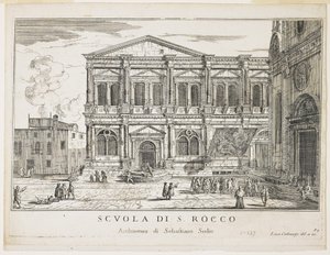 Utsikt över St. Roccos brödraskap, tallrik från The Buildings and Views of Venice, 1703, 1750-53