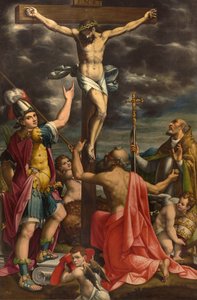 San Fermos altare, korsfästelse med de heliga Fermo Jerome och påven Gregorius XIV, Luca Cattapane 1593 av Luca Cattapane