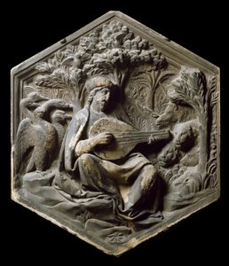 Allegory of Music som Orphee Skogens djur lyssnar på Orphee som spelar luta. Hög relief av Luca della Robbia av Luca Della Robbia