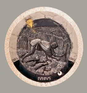 Juni: en bonde som skördar vetet. Terrakotta av Luca della Robbia av Luca Della Robbia