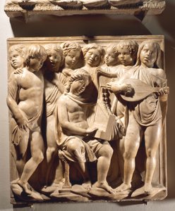 Prisa honom med stråkar och orgel (Psalm 150, Prisa Herren), panel med pojkar som sjunger med orgel, harpa och luta