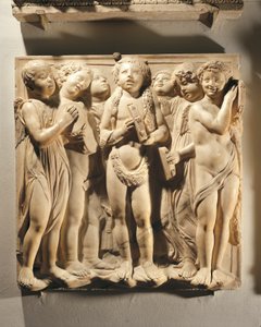 Prisa honom med klingande cymbaler (Psalm 150, Prisa Herren), panel med putti och änglar som spelar cymbaler av Luca Della Robbia