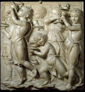 Panel av Cantoria eller sångarläktare: barn som spelar cymbaler. hög marmorrelief av Luca della Robbia (ca 1400-1482) 1431-1438 Dim. 348 cm Museo dell