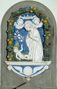 The Virgin Adoring the Child High Relief av Luca della Robbia (1400-1482) 1400-talets helgedom i Verna, Italien