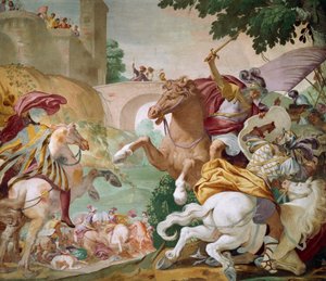 Life of Antenor, detalj av cykeln av fresker av Luca Ferrari (1605-1654), centralhallen i Villa Selvatico, Battaglia Terme, Veneto, Italien