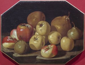 Stilleben med äpplen och päron, oljemålning av Luca Forte (1610-1670) av Luca Forte