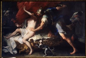 (Tarquinius och Lucretia) Våldtäkten av Lucrece (Lucrezia, Lucretia, romersk dam), offer för våldet av sin kusin Sextus Tarquin, son till Tarquin den Superb. Målning av Luca Giordano (1632-1705) Statens konstmuseum från 1600-talet, Tula, Ryssland