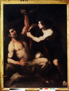 ""Apollo och Marsyas"" Apollo, efter att ha vunnit utmaningen mot Marsyas, får honom att flå och sedan kastas in i en grotta. Målning av Luca Giordano (1632-1705) cirka 1650. Maner. Pushkin-museet, Moskva av Luca Giordano
