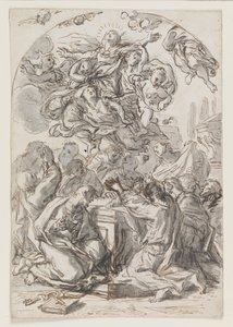 Jungfru Marie himmelsfärd; a tergo: Huvud av kvinna och barn av Luca Giordano