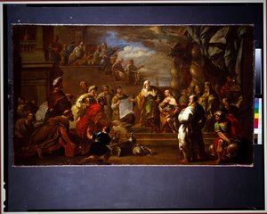 David visar Salomo planerna på templet (duk) av Luca Giordano