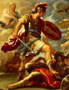 Figur av Aeneas, detaljer från Aeneas besegrar Turnus, av Luca Giordano (1634-1705), olja på duk