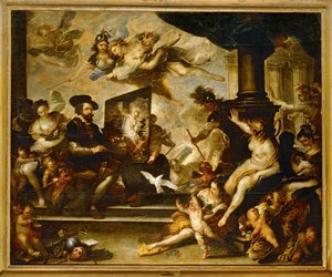 Rubens i arbete med att måla: Fredens allegori ... (målning på duk) av Luca Giordano