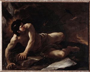 Sankt Benedikts frestelse, som kastar sig i tröskan för att undvika frestelser) Målning av Luca Giordano (1634-1705) Museo dell