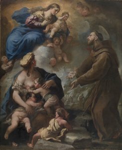 Jungfru Maria med barnet uppenbarar sig för Franciskus av Assisi av Luca Giordano