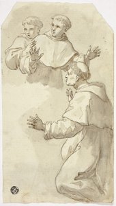 Tre förskräckta munkar, en knäböjande, två stående av Luca Giordano