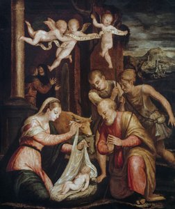 Tillbedjan av herdarna, av Luca Longhi (1507-1580), olja på trä