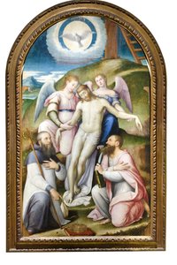 Död Kristus uppburen av änglar mellan St Bartholomeus och abboten av Classe