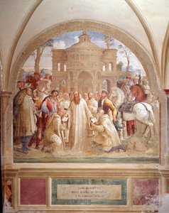 Benedictus skickar Maurus i Frankrike och Placid på Sicilien (Benedict skickar Maurus i Frankrike och Placid på Sicilien) Fresk av klostret gjord av Luca Signorelli som berättar om livet för Saint Benedict of Nursie (480 - 567) grundare av Benediktinerorde av Luca Signorelli
