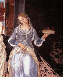 Benedict berättade för munkarna var och när de åt utanför klostret. Detail Cloister fresk gjord av Luca Signorelli (1445 ca-1523) som berättar om livet för Saint Benedict of Nursie (480 - 567) grundare av Benediktinerorden 1497-1498 Abbey of Monte Oli av Luca Signorelli