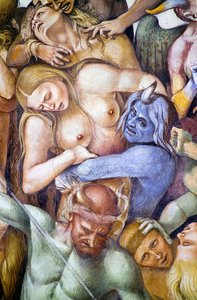 Damned in hell, detalj med självporträtt av Luca Signorelli i skepnad av en blå demon, från Last Judgment freskcykel av Luca Signorelli