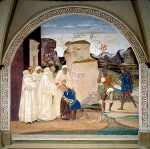Life of Saint Benedict of Nursie (ca 480-547): "" Benedict förmanar brodern till munken Valerianus som har brutit sin fasta" (Hur Benedictus förmanar brodern till munken Valerianus som har brutit sin fasta) Klosterfresk gjord av Luca Signorelli (ca 1445-15 av Luca Signorelli