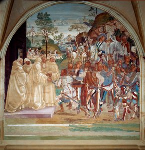 Sankt Benedictus av Nursia välkomnar Totila (6:e århundradet) kung av östgoterna fresk av munkarnas refektorium gjord av Luca Signorelli som berättar om livet för Sankt Benedikt av Nursie (480 - 567), grundare av Benediktinerorden. 1503 - 1508 Abbey av Luca Signorelli