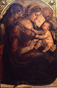 Den heliga familjen med Johannes Döparen (olja på panel) av Luca Signorelli