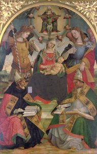 Treenigheten, Madonna och barnet, änglar och heliga, ca 1505-08 (olja på panel) av Luca Signorelli