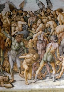 Världens ände Detalj som representerar jävlarna. Fresk av Luca Signorelli (1445-1523) 1499-1504 Orvieto, Duomo, San Brizios kapell