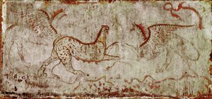 En kamp mellan en panter och en griffon Lucanian fresk från 300-talet f.Kr., från ryttarens grav, nekropolen i Paestum, Italien. Museo nazionale archeologico, Paestum