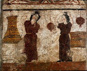 En grupp dansare under en begravningsrit Lucanian fresk från 300-talet f.Kr., från nekropolen i Paestum, Italien. Museo nazionale archeologico, Paestum