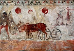 En flockvårdare och två åsnor Lucanian fresk från 300-talet f.Kr., från nekropolen i Paestum, Italien. Museo nazionale archeologico, Paestum