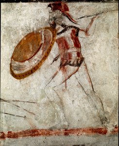 En krigare med ett spjut och en sköld Lucanian fresk från 300-talet f.Kr., från Ryttarens grav, platsen för Paestum, Italien. Museo nazionale archeologico, Paestum