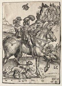 En gentleman och en dam som rider på jakt av Lucas Cranach