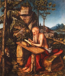 Saint Jerome skriver i ett stenigt landskap, c.1515 av Lucas Cranach