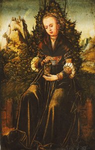 Sankta Maria Magdalena sitter på en gräskant i ett bergigt landskap, av Lucas Cranach